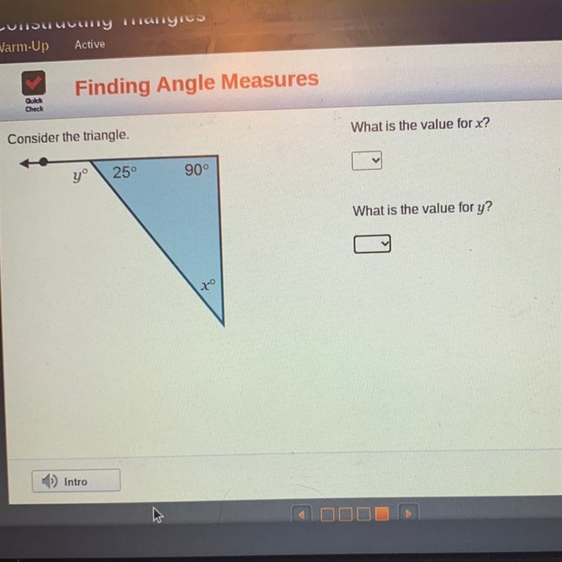 Consider the triangle. What is the value for x? What is the value for y?-example-1