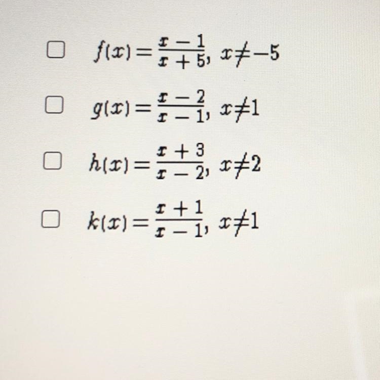 Select all the correct answers Which functions are the same as their inverse functions-example-1