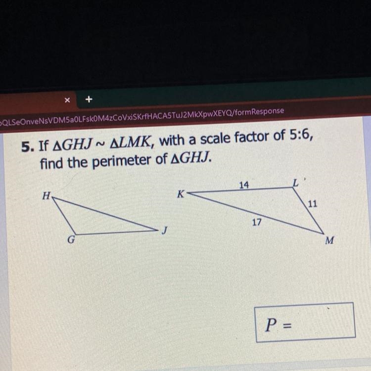 If AGHJ ~ ALMK, with a scale factor of 5:6, find the perimeter of AGHJ.-example-1