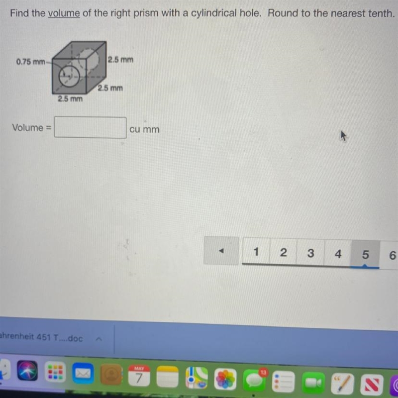 Find the volume of the right prism with a cylindrical hole. Round to the nearest tenth-example-1