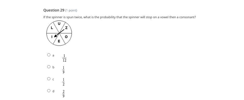 If the spinner is spun twice, what is the probability that the spinner will stop on-example-1