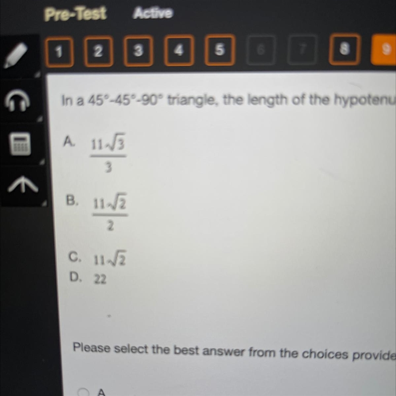 In a 45°-45°-90° triangle, the length of the hypotenuse is 11. Find the length of-example-1