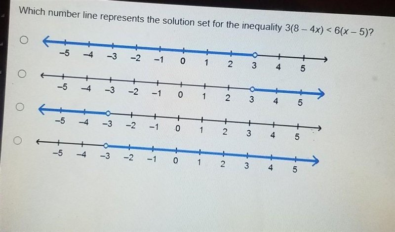 Which number line represents the solution set for the inequality 3(8 - 4x) < 6(x-example-1