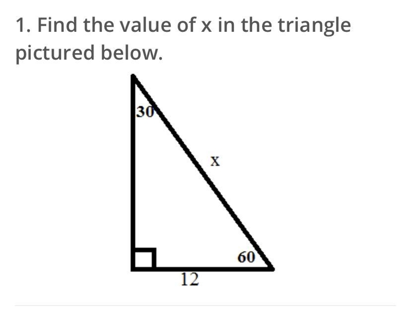 HELP!! A.x=6 B.x=24 C.x=12 D.x=12 sqr root 3 E.x=36-example-1