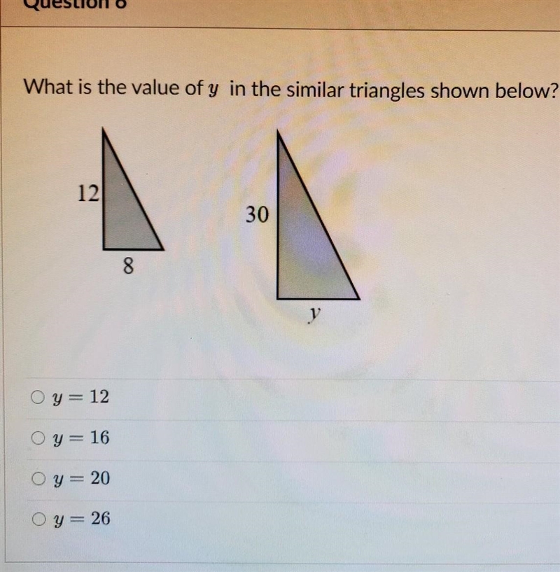 What is the value of y in the similar triangles below Brain for best anwser ​-example-1