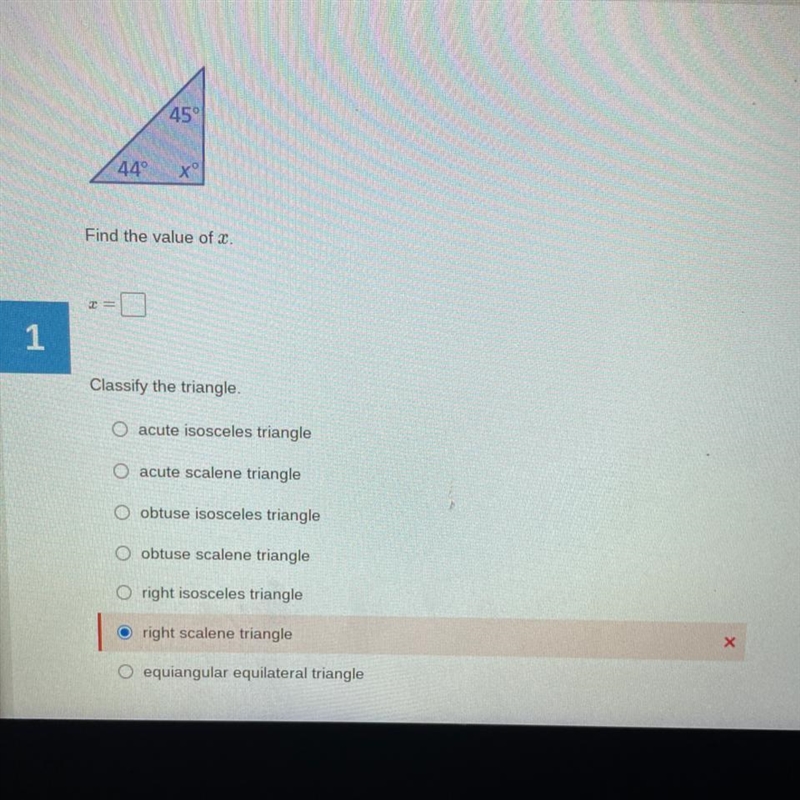 Find the value of x and classify the triangle-example-1