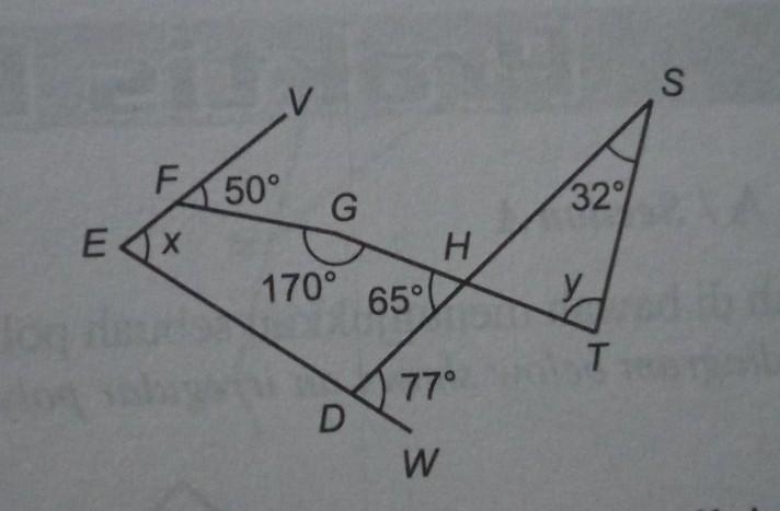 EFV and EDW are straight lines. Find the value of x and of y.​-example-1