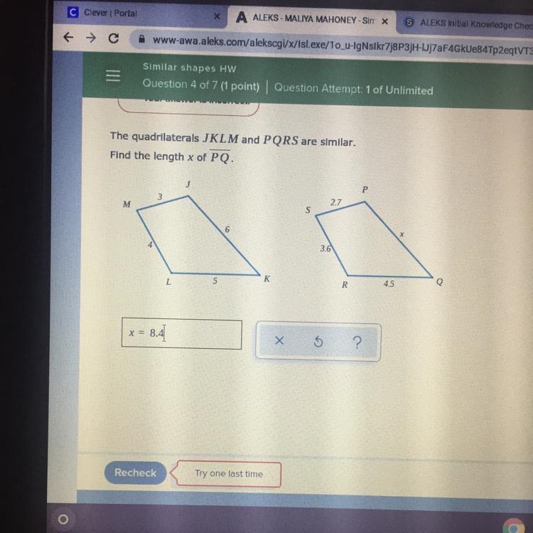 The quadrilaterals JKLM and PQRS are similar. Find the length x of PQ. P 3 27 M s-example-1