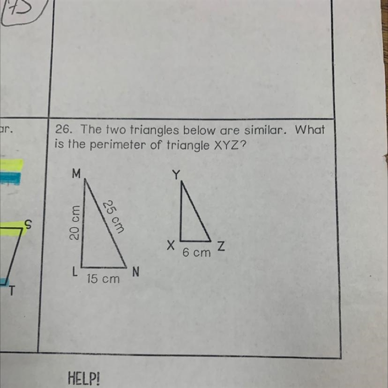 26. The two triangles below are similar. What is the perimeter of triangle XYZ?-example-1