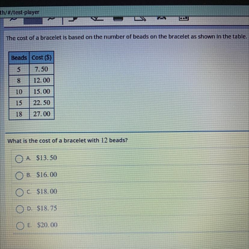 HELP- What is the cost of a bracelet with 12 beads. A.13.50 B.16.00 C.18.00 D.18.75 E-example-1