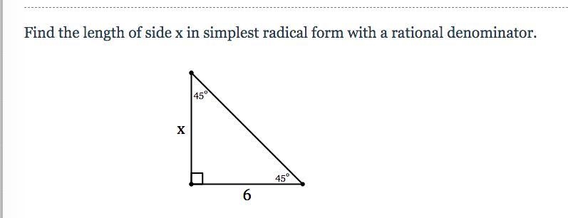 Find the length of side x in simplest radical form with a rational denominator.-example-1