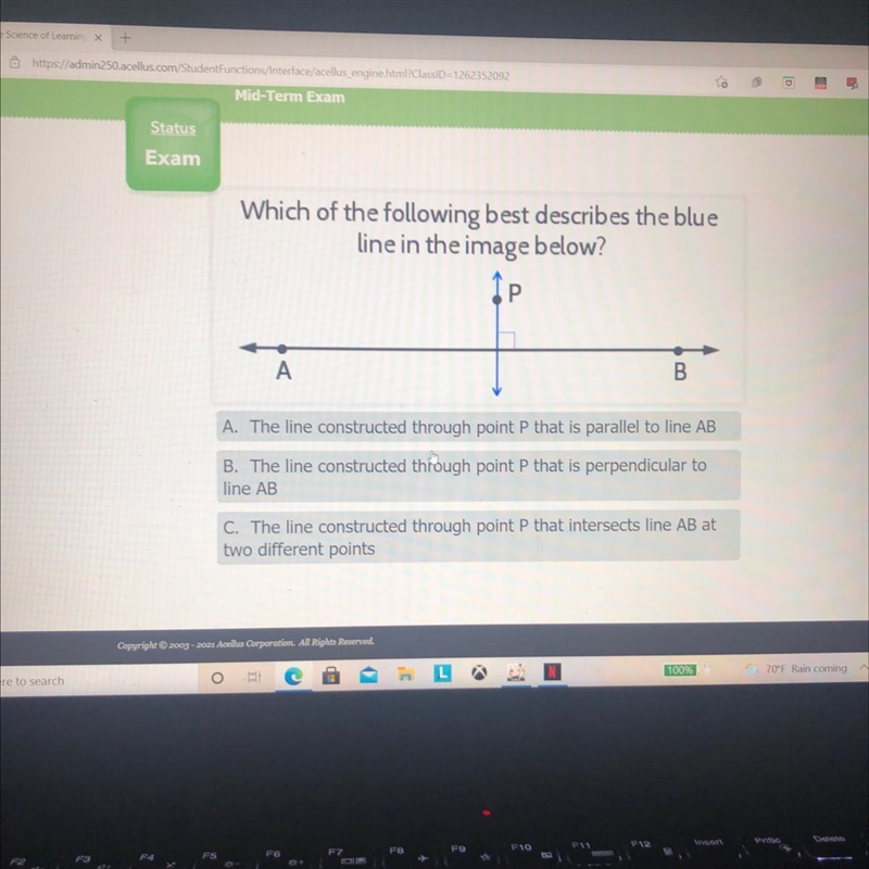 Which of the following best describes the blue line in the image below? ТР A B A. The-example-1