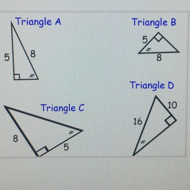 In which triangle is cos x = 5/8?-example-1