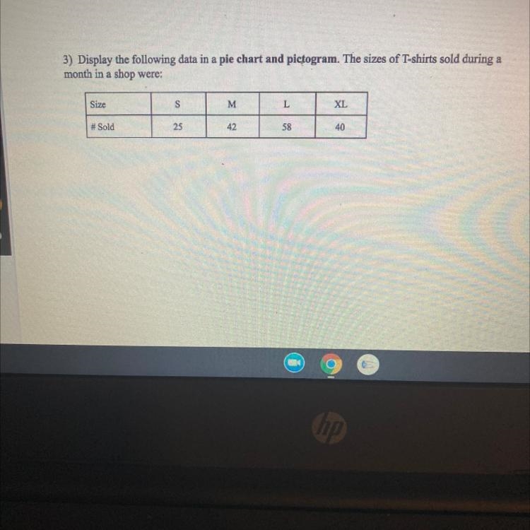 Display the following data in a pie chart and picktogram. The sizes sold during a-example-1