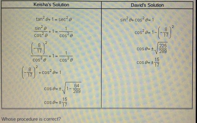 Keisha's Solution David’s Solution Whose procedure is correct?-example-1