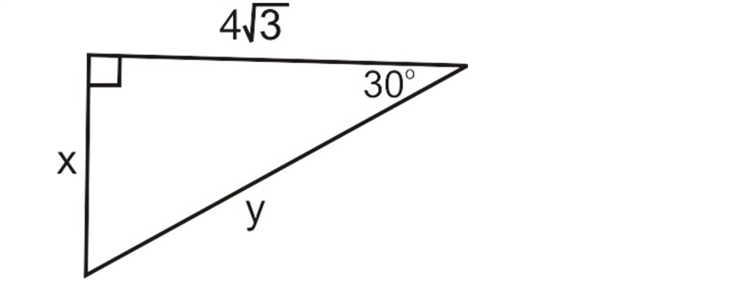 Use the figure below to find the value of x and y. x = 4, y = √12 x = 4, y = 8 x = 4√3, y-example-1