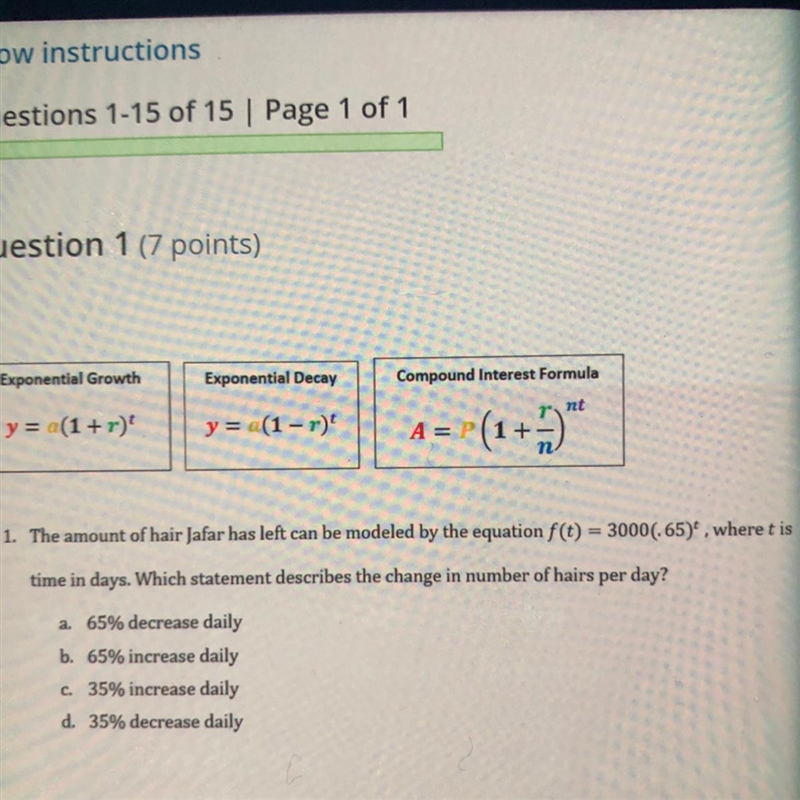 3000(.65), where t is 1. The amount of hair Jafar has left can be modeled by the equation-example-1