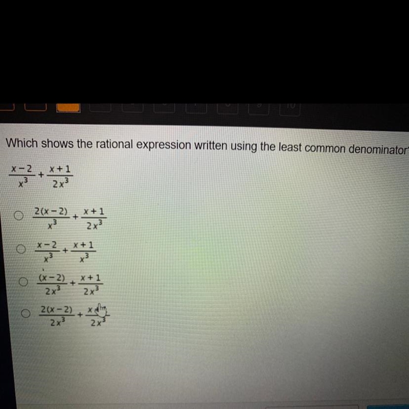 Which shows the rational expression written using the least common denominator?-example-1