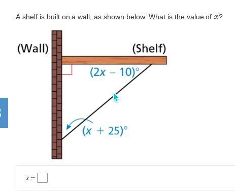 A shelf is built on a wall, as shown below. What is the value of x?-example-1