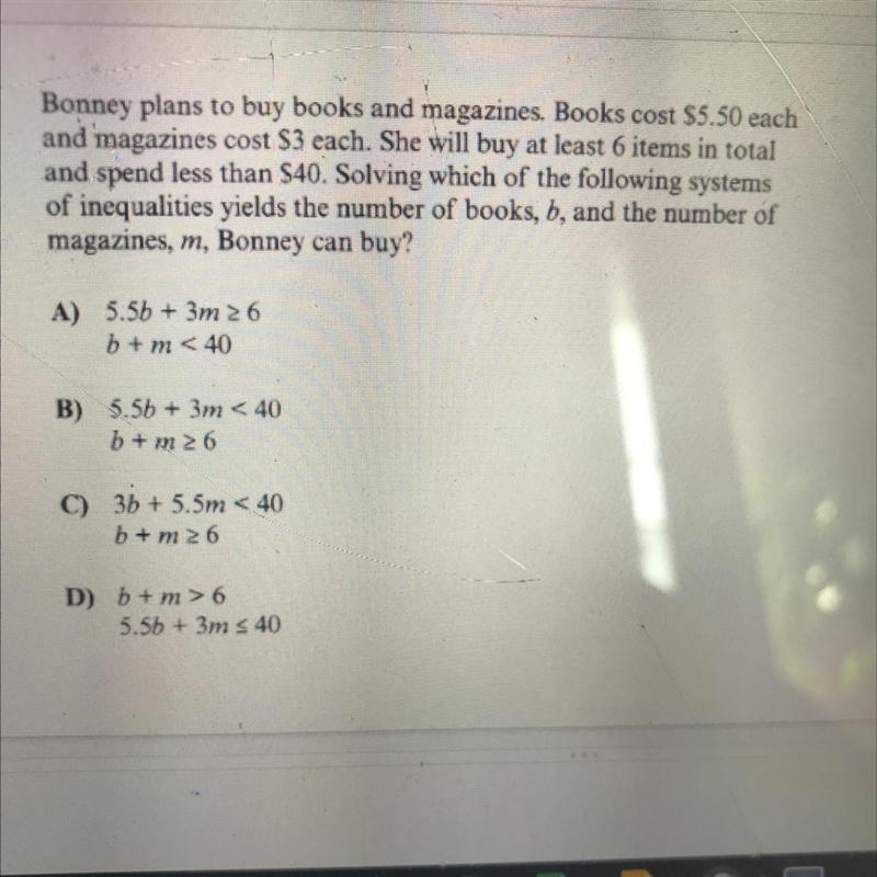 Bonney plans to buy books and magazines. Books cost $5.50 each and magazines cost-example-1