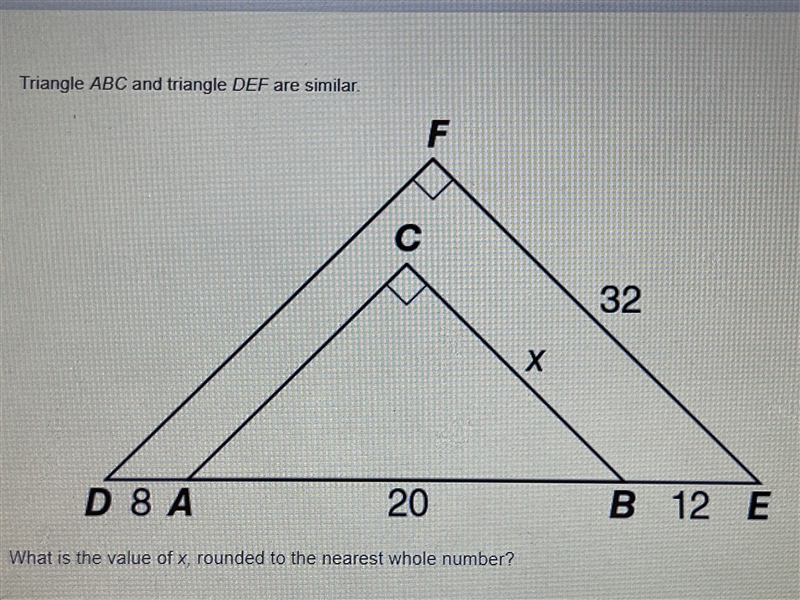 Triangle ABC and triangle DEF are similar. What is the value of x, rounded to the-example-1