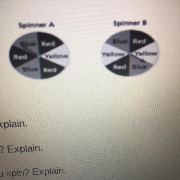 You are playing a game using the spinners shown. 1. You want to spin red. Which spinner-example-1