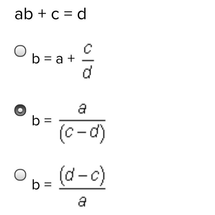 Solve for b ab + c = d-example-1