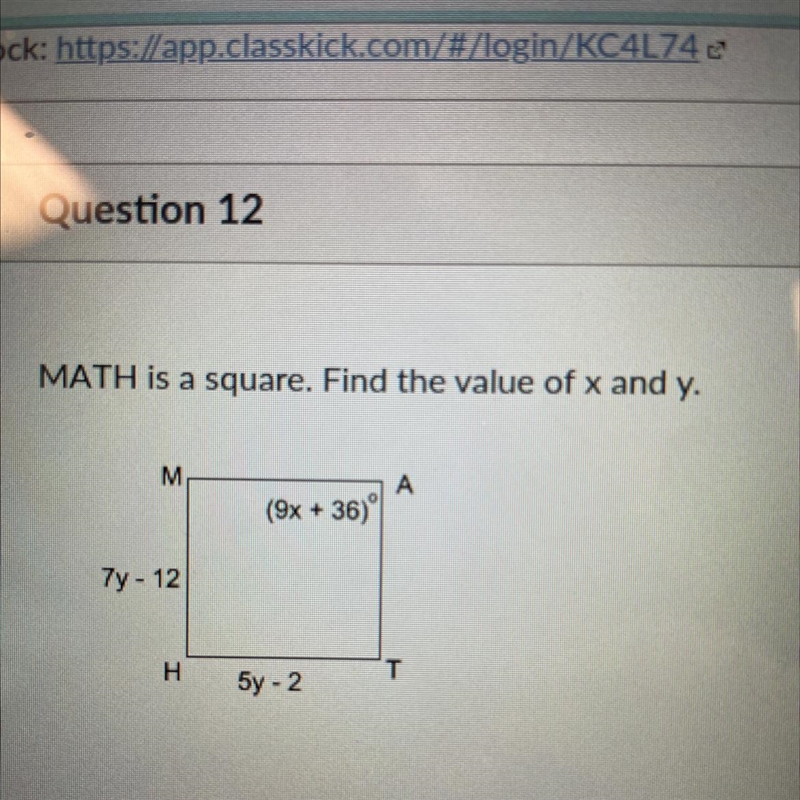 MATH is a square. Find the value of x and y.-example-1