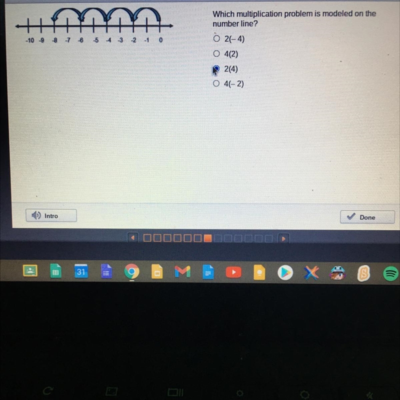 Which multiplication problem us modeled on the number line? 2(-4) 4(2) 2(4) 4(-2)-example-1