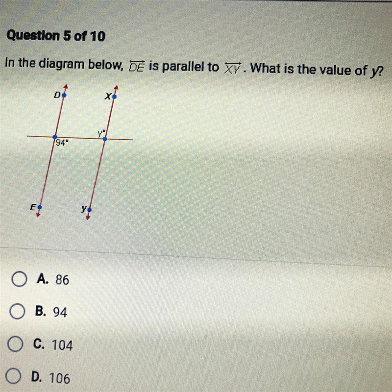 In the diagram below, de is parallel to xy. What is the value of y? 194" O A-example-1