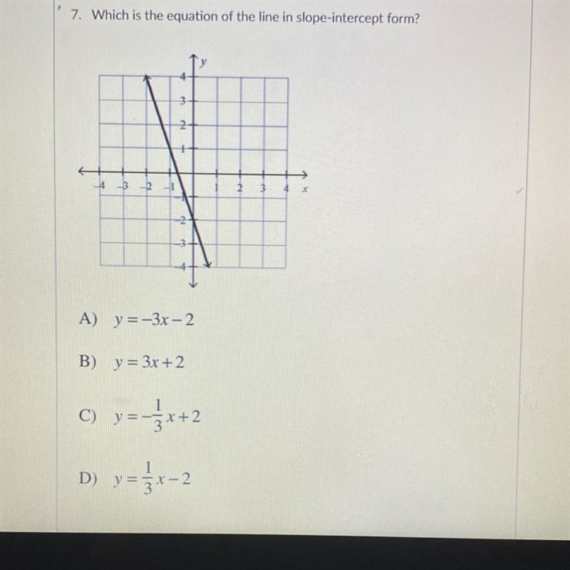 Which is the equation of the line in slope-intercept form? A) y = -3x - 2 B) y = 3x-example-1