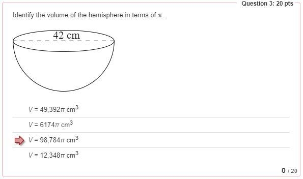 Identify the volume of the hemisphere in terms of π. HELP ME PLEASE!!! THE RED IS-example-1