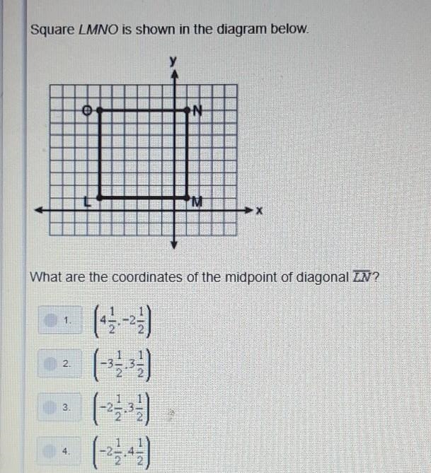 PLEASE NO WRONG ANSWER What are the coordinates of the midpoint of diagonal LN?​-example-1