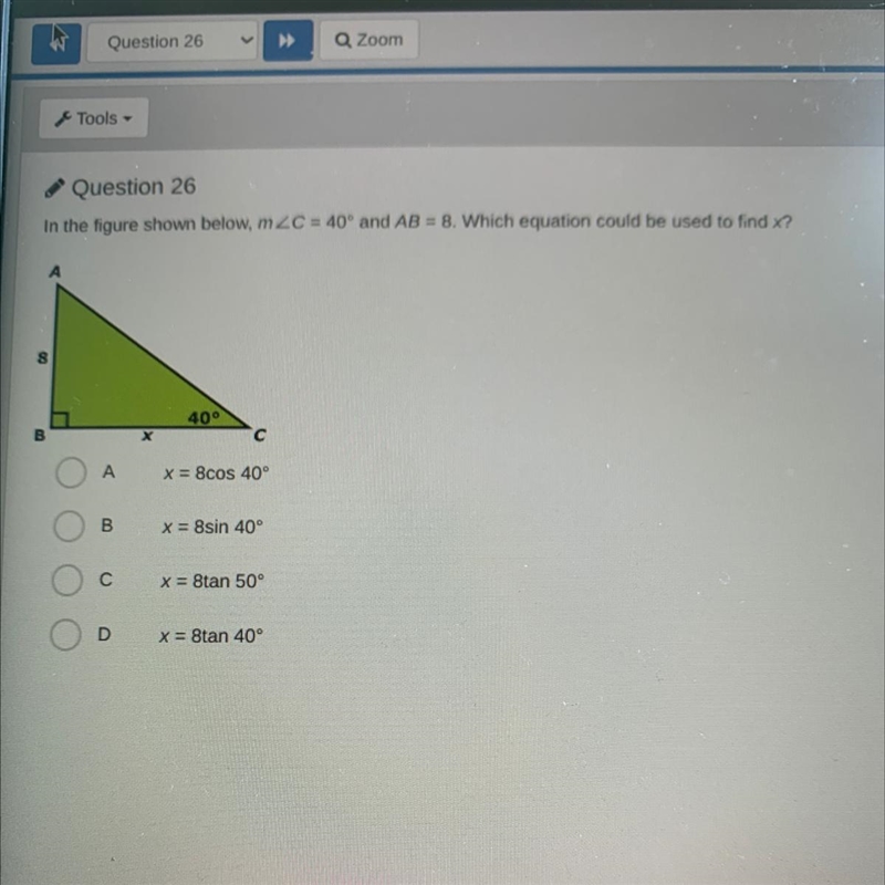 Question 26 In the figure shown below, m2C = 40° and AB = 8. Which equation could-example-1