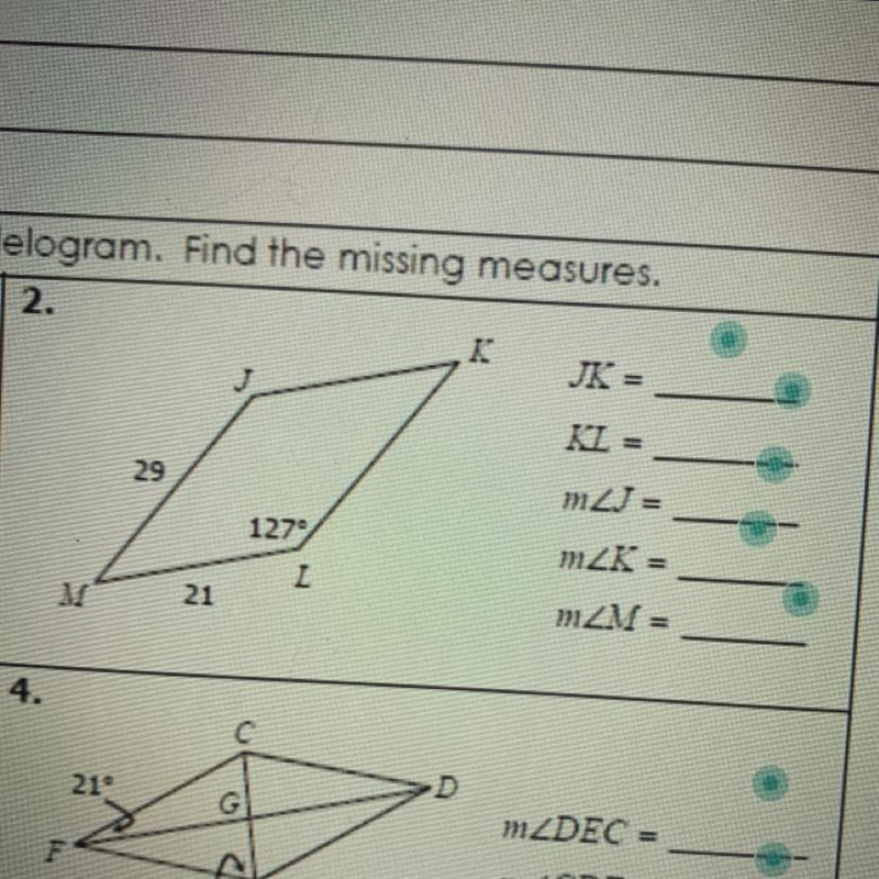 Each quadrilateral below is a parallelogram . find the missing measures!-example-1