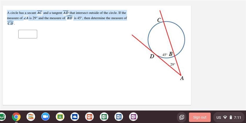 A circle has a secant and a tangent that intersect outside of the circle. If the measure-example-1