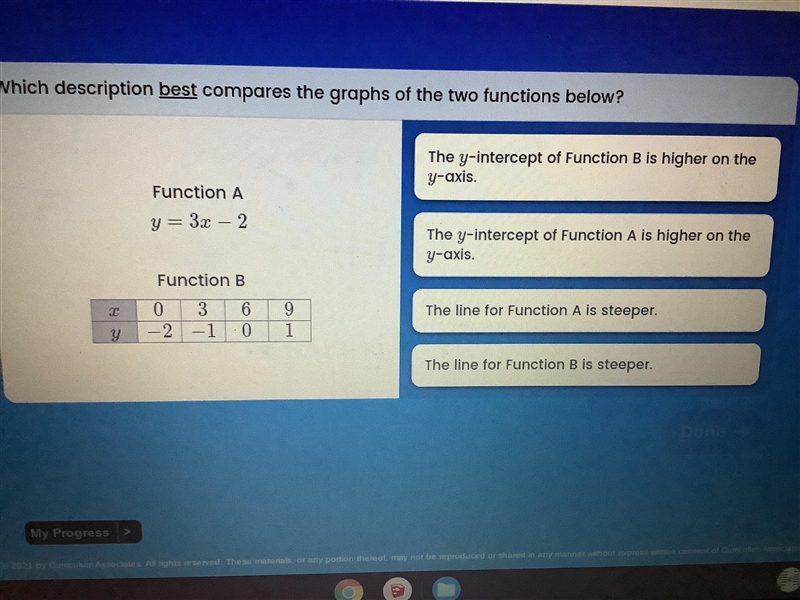 Which description best compares the graphs of the two functions below ?-example-1