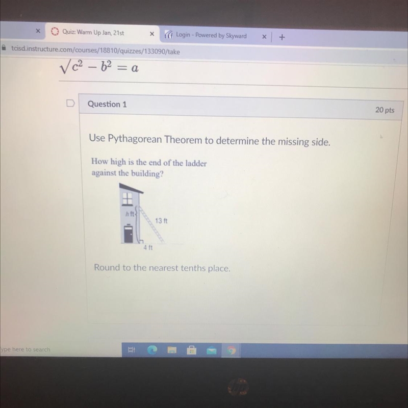 Use Pythagorean Theorem to determine the missing side. How high is the end of the-example-1