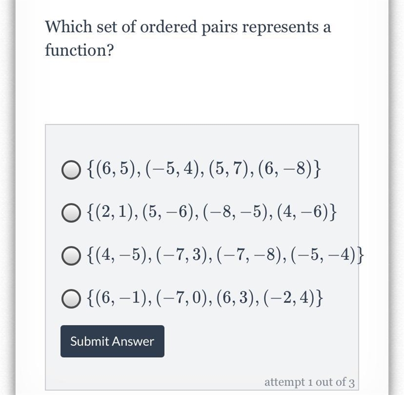 Which set of ordered pairs represent a function-example-1