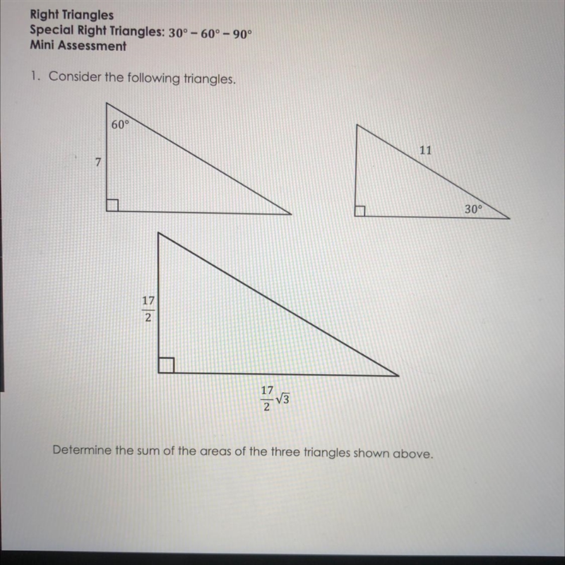 Determine the sum of the areas of the three triangles shown above.-example-1