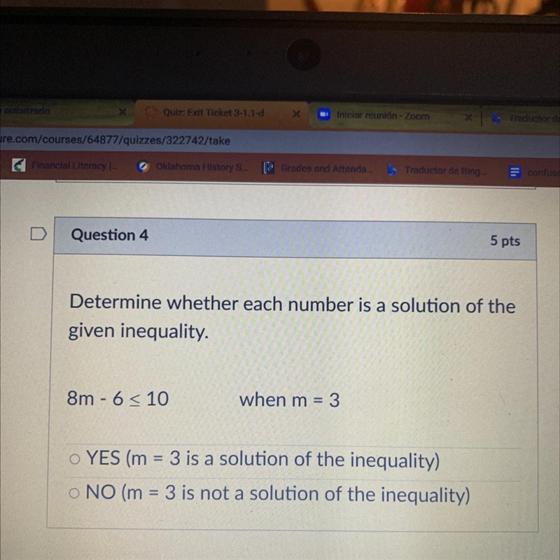 Determine whether each number is a solution of the given inequality 8m - 6 < 10 when-example-1