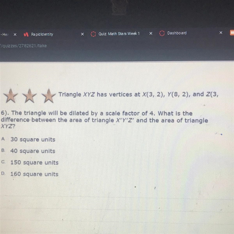 Helppppp mee A.30 square units B.40 square units C.150 square units D.160 square units-example-1