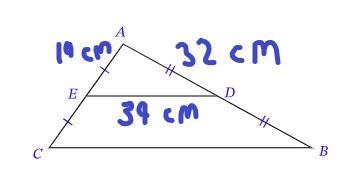 Given that is the midpoint of AB and E is the midpoint of AC, AD =32cm, AE=19cm, and-example-1