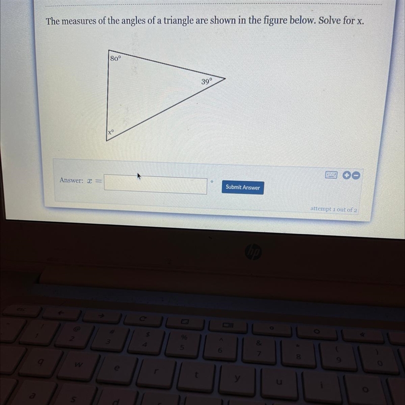 The measures of the angles of a triangle are shown in the figure below. Solve for-example-1