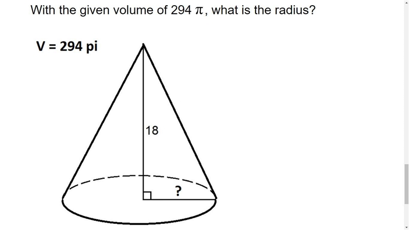 With the given volume of 294 π, what is the radius? Hight given = 18-example-1