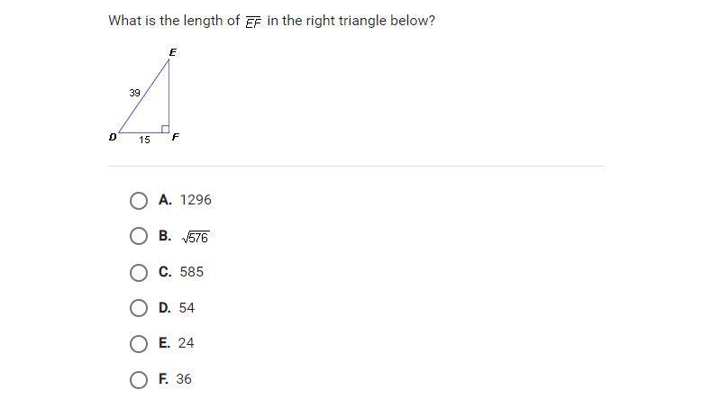 What is the length of EF in the right triangle below?-example-1