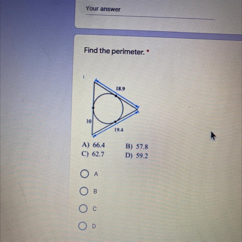 Find the perimeter A) 66.4 B) 57.8 C) 62.7 D)59.2-example-1