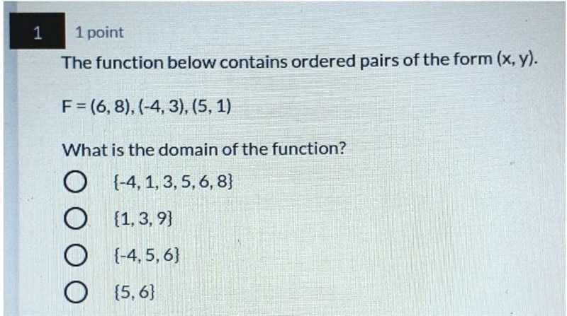 Please help!! The function below contains ordered pairs of the form (x,y) F = (6,8), (-4,3), (5,1) What-example-1