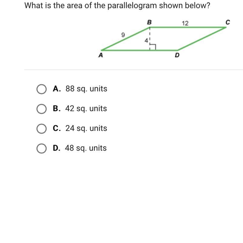 (12, 9, 4) What is the area of the parallelogram shown below?-example-1