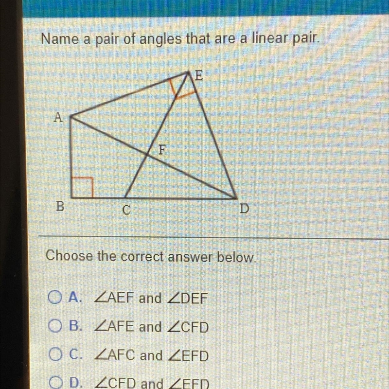 Name a pair of angles that are a linear pair Choose the correct answer below. A. B-example-1